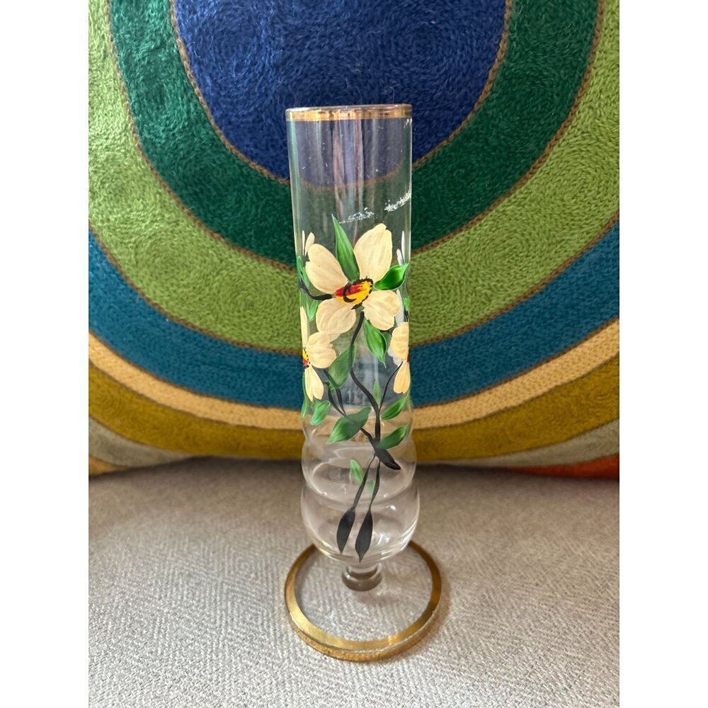 Vintage Hand-painted Pedestal GLASS VASE Painted Flowers Floral Gold Rim 8.25"